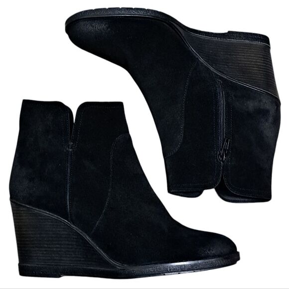 Kenneth Cole Reaction Dot-Ation Leather Suede Wedge Ankle Bootie Sz 11 Black - Picture 1 of 16
